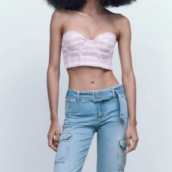 Zara NWOT pink / purple / white bustier tweed textured crop top - Picture 7 of 7